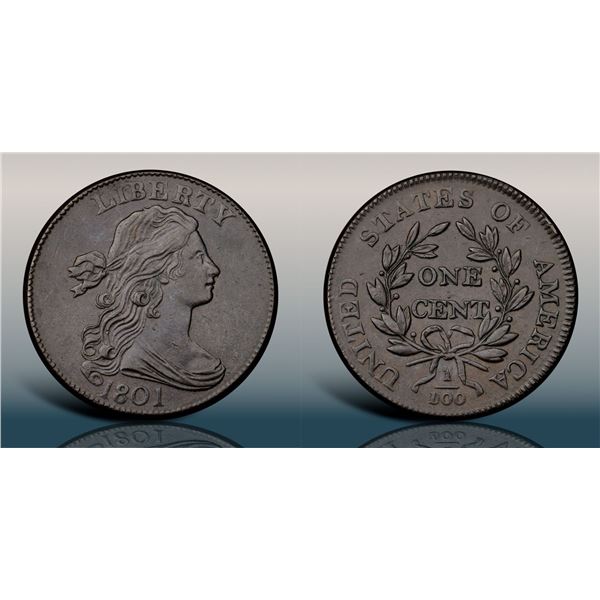 1801 S-221 R2 Corrected denominator 100 over 000, PCGS graded AU55
