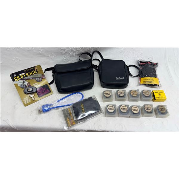 LEATHER BINOCULAR CASE, BINOCULAR HARNESS, BUSHNELL BINOCULAR CASE AND MISCELLANEOUS ITEMS (INTERNAL