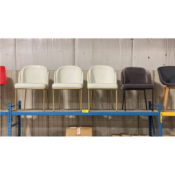 3 WHITE GOLD FRAMED DESIGNER TUB CHAIRS & 1 GREY BLACK FRAMED DESIGNER TUB CHAIR