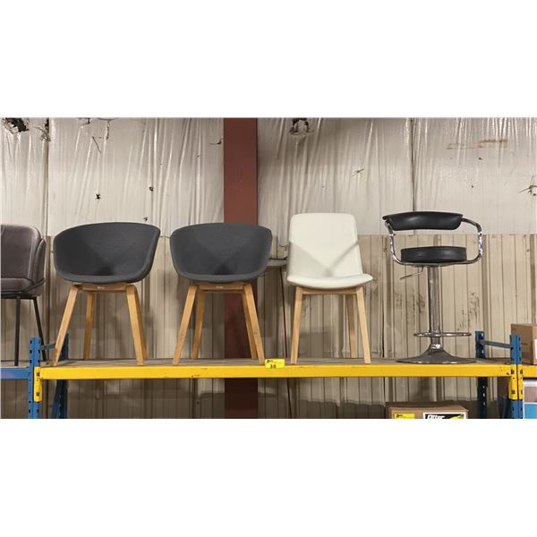 2 GREY NATURAL WOOD DESIGNER TUB CHAIRS, WHITE NATURAL WOOD SIDE CHAIR, & BLACK GAS LIFT BAR STOOL