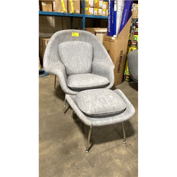 GREY MODERN DESIGNER RETRO STYLE ARMCHAIR WITH OTTOMAN