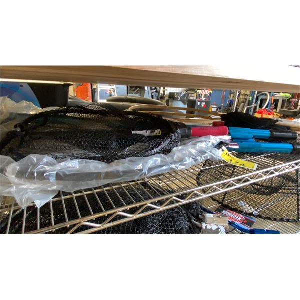 SHELF OF ASSORTED DANIELSON LARGE FISHING NETS, EAGLE CLAW NET, TONGS, & WOODEN HANDLE NETS