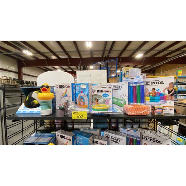 SHELF OF ASSORTED POOL/SPA PRODUCTS- GAMES, FLOATIES, CHEMICAL DISPENSERS, ZORBIE & BALLS