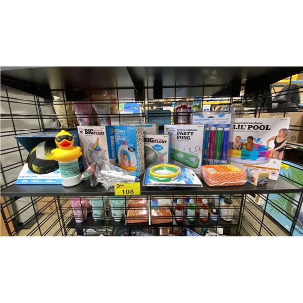 SHELF OF ASSORTED POOL/SPA PRODUCTS- GAMES, FLOATIES, CHEMICAL DISPENSERS, ZORBIE & BALLS