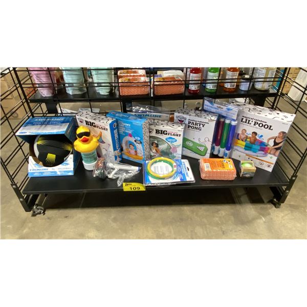SHELF OF ASSORTED POOL/SPA PRODUCTS- GAMES, FLOATIES, CHEMICAL DISPENSERS, ZORBIE & BALLS