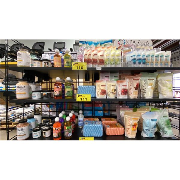 SHELF OF RETAIL SPA PRODUCTS- SPA SCENTS, SPA/BATH AROMATHERAPY CRYSTALS/GELS & ZORBIES