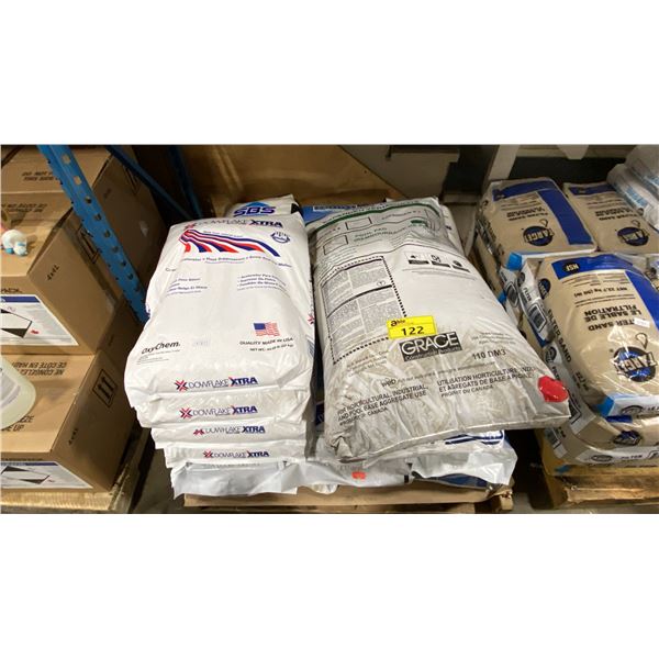 PALLET OF ASSORTED POOL CHEMICALS - CALCIUM CHLORIDE, SODIUM CARBONATE, SODIUM BISULFATE, POOL SALT
