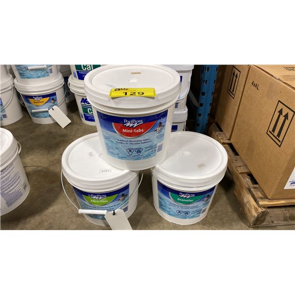 3 BUCKETS OF POOLBOSS CHEMICALS- 6KG OF MINI TABS, 6KG GRANULAR & 8 KG ALKA-PLUS