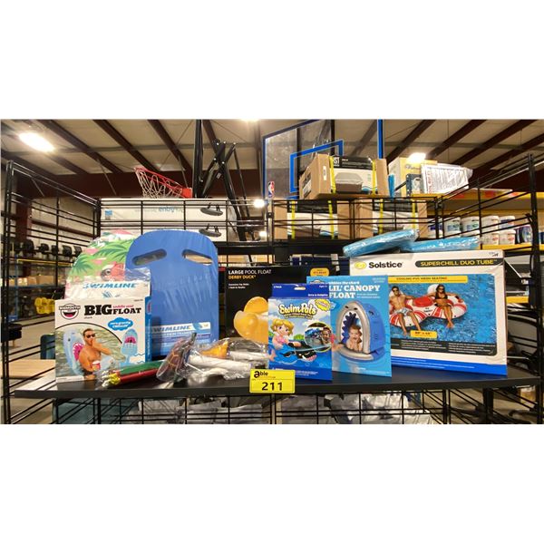 SHELF OF ASSORTED POOL PRODUCTS- FLOATIES, CHEMICAL DISPENSERS, BEACH BALL & KICKBOARDS