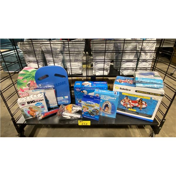 SHELF OF ASSORTED POOL PRODUCTS- FLOATIES, CHEMICAL DISPENSERS, BEACH BALL & KICKBOARDS