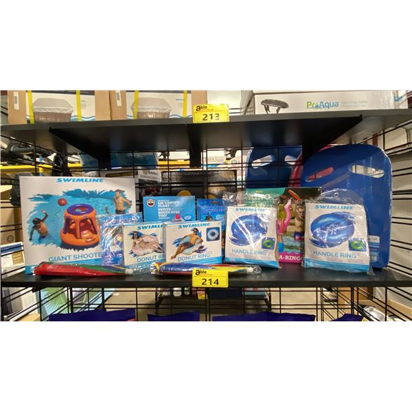SHELF OF ASSORTED POOL/SPA PRODUCTS- GAMES, FLOATIES, UMBRELLA HATS, KICKBOARD & BEACH BALL