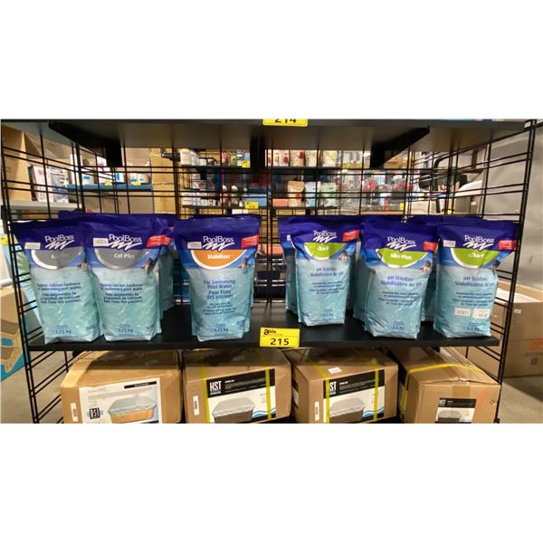 SHELF OF ASSORTED POOLBOSS SWIMMING POOL CHEMICALS - STABILIZER, ALKA PLUS & CAL-PLUS