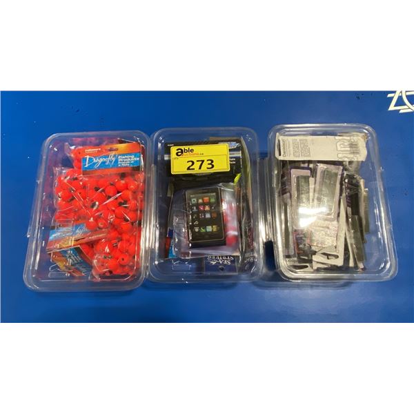 3 PLASTIC CONTAINERS OF ASSORTED RETAIL FISHING PRODUCT