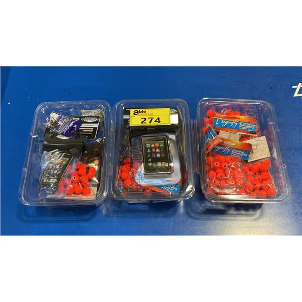 3 PLASTIC CONTAINERS OF ASSORTED RETAIL FISHING PRODUCT