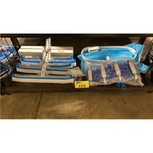SHELF OF ASSORTED POOLE LEAF NET HEADS, POOL BOTTOM SCRUBBER HEAD, & ALGAE BRUSH HEADS