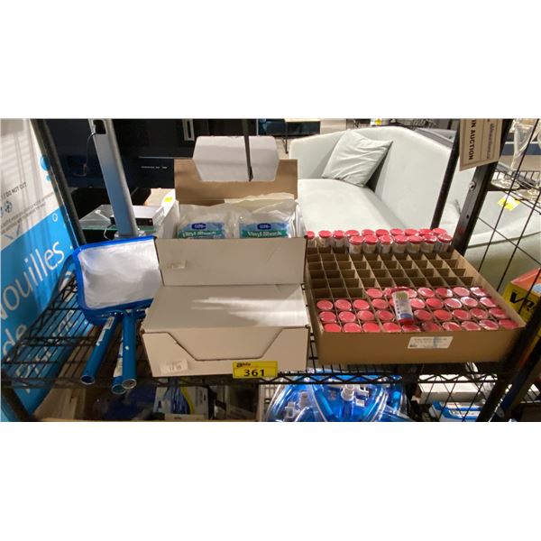 SHELF OF ASSORTED HEAVY DUTY LEAF NET HEADS, 3 BOXES OF CAPO VINYL-SHOCK CHEMICAL, & BOX OF