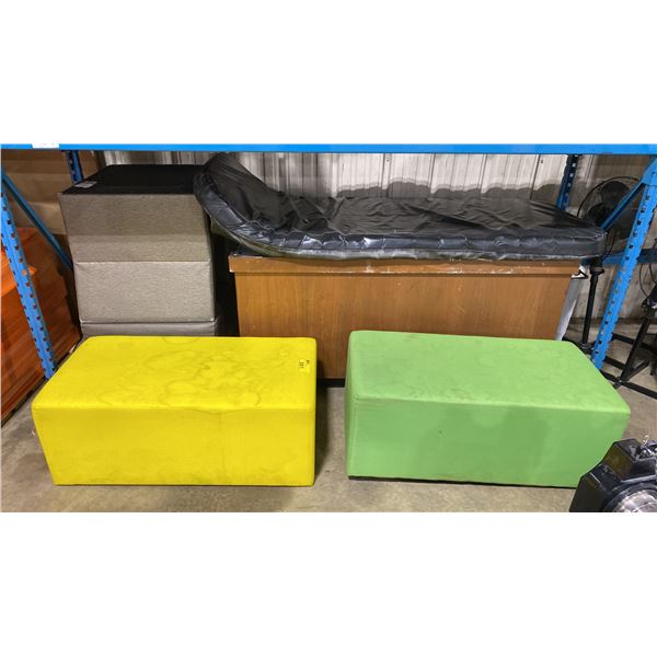 2 FABRIC OTTOMANS, 2 L-SHAPE FABRIC CHAIRS, & WOODEN NURSES STATION WITH CUSHION