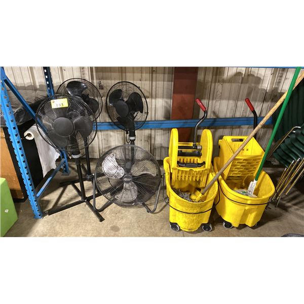 4 BLACK ELECTRIC FLOOR FANS & 2 YELLOW MOBILE SANITARY MOP BUCKETS WITH MOPS