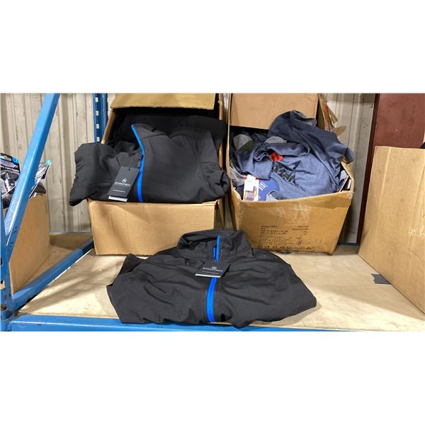 BOX OF BRANDED STORMTECH JACKETS, & BOX OF ASSORTED MEDIUM BUFFALO SHIRTS