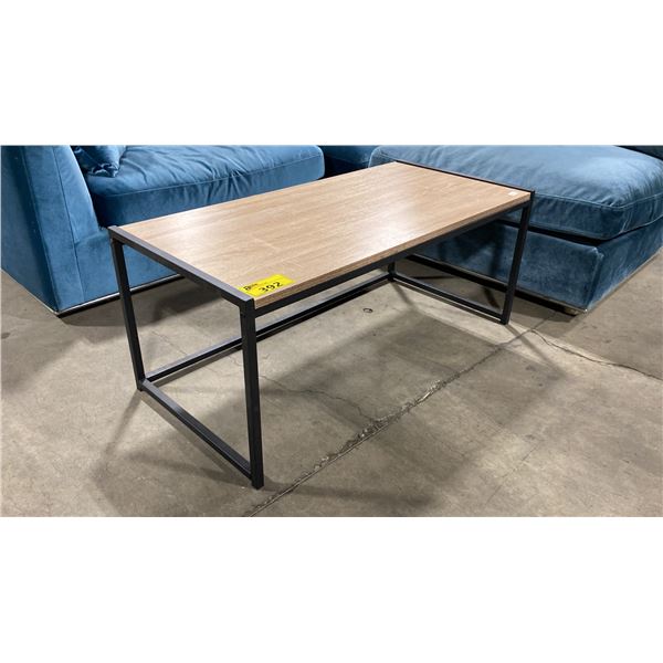 NATURAL WOOD BLACK METAL FRAMED COCKTAIL TABLE 42"W X 20"D X 18"H