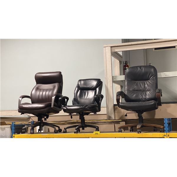 3 ASSORTED LEATHER LOOK HIGH BACK MULTI LEVER ROLLING TASK CHAIRS