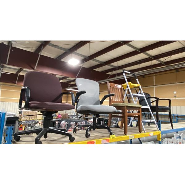 2 MID BACK MULTI-LEVER TASK CHAIRS, WOOD FRAMED SIDE CHAIR, & WHITE STEP STOOL