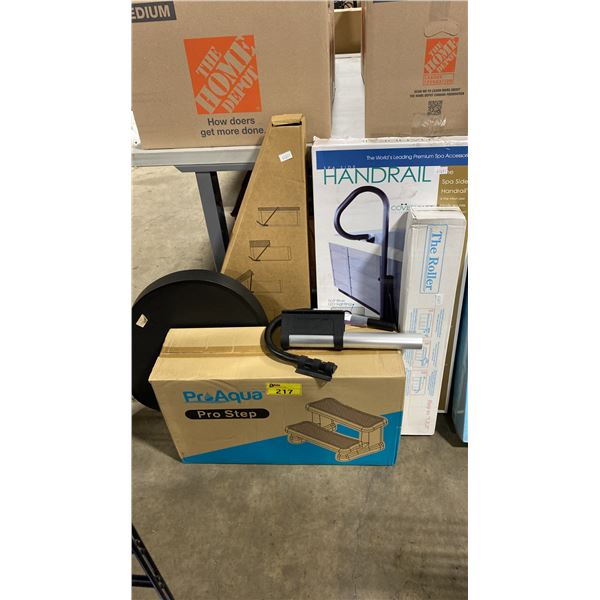 PRO AQUA PRO STEP HOT TUB STEP, THE ROLLER COVER ASSISTER, METAL COVER FLIP, MOUNTABLE SIDE TRAY,