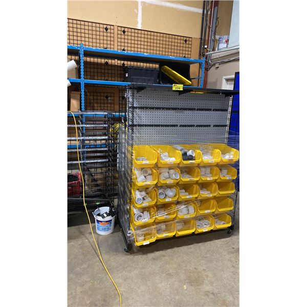 3 BLACK MOBILE COMMERCIAL PRODUCT DISPLAY RACKS WITH BINS OF ASSORTED HOT TUB REPLACEMENT PIPING,