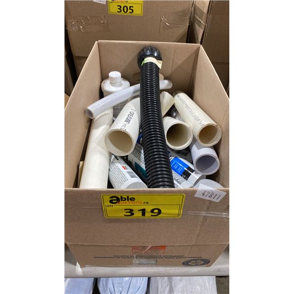BOX OF ASSORTED SPA/POOL PVC PIPE, CAULKING AND ADHESIVES
