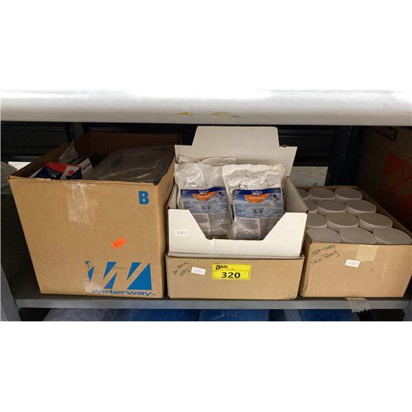 SHELF OF ASSORTED SPA/POOL CHEMICALS AND ELECTRICAL PARTS