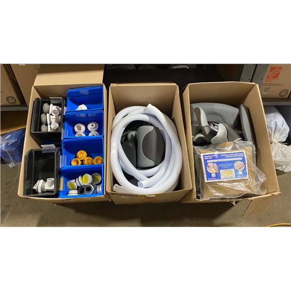SHELF OF ASSORTED SPA/POOL PARTS AND ACCESSORIES