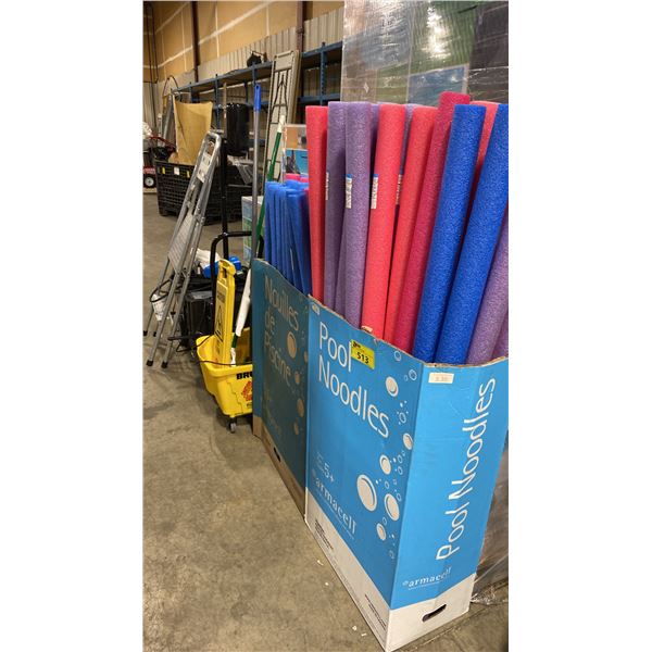 2 BOXES OF RETAIL POOL NOODLES, MOBILE CART, SANITATION STATION, & BROOMS
