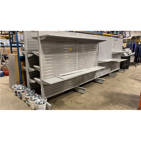 LARGE ASSORTMENT OF COMMERCIAL GREY ADJUSTABLE GONDOLA SHELVING WITH ASSORTED PEGBOARD,  SLAT BOARD,