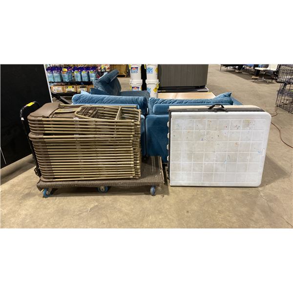 3 PLASTIC FOLDING TABLES, & MOBILE CART WITH 22 BROWN PLASTIC FOLDING CHAIRS