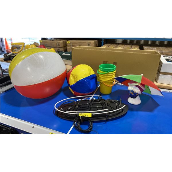 NEON OPEN SIGN, 2 BEACH BALLS, SAND BUCKETS, & SUN HAT WITH DISPLAY