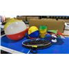 Image 1 : NEON OPEN SIGN, 2 BEACH BALLS, SAND BUCKETS, & SUN HAT WITH DISPLAY
