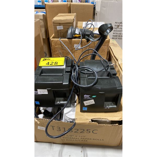 TWO SYMBOL SCANNERS, TWO STAR TSP100 THERMAL PRINTERS WITH ASSORTED THERMAL PAPER AND POLE DISPLAY