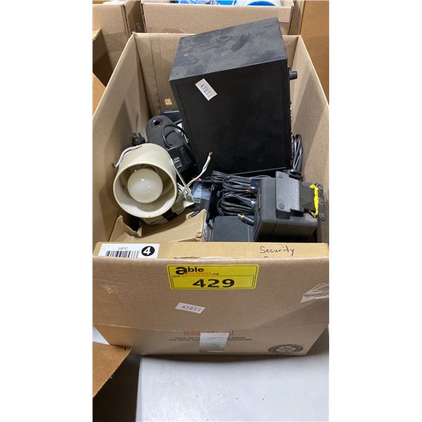 BOX OF STEREO COMPONENTS, ACCESSORIES AND SECURITY CAMERAS