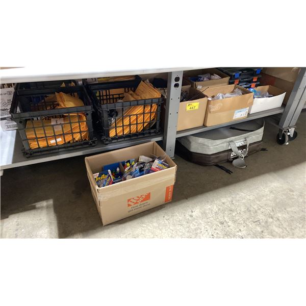2 SHELVES OF ASSORTED SPA/POOL PARTS, ACCESSORIES, AND WATER TEST PRODUCTS