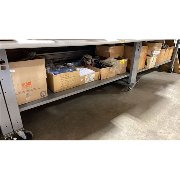 2 SHELVES OF ASSORTED SPA/POOL PARTS, TELEPHONE SYSTEMS AND SEASONAL DECORATIONS