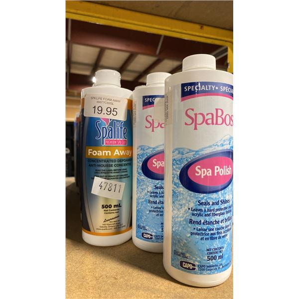 15-500ML BOTTLES; 5-SPALIFE FOAM AWAY, 2-SPALIFE SECURE AND  8-SPABOSS SPA POLISH