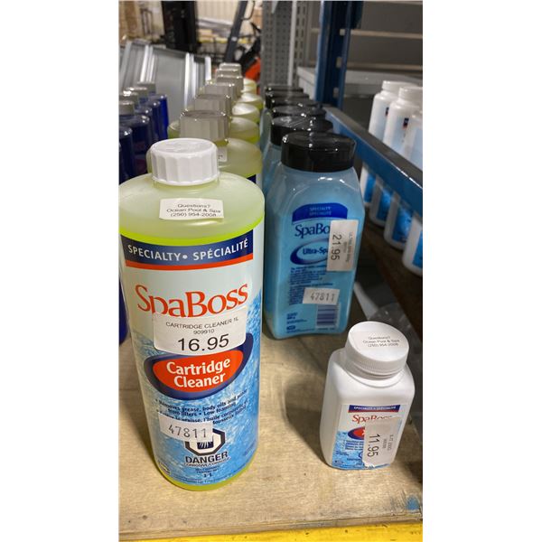 7-1L BOTTLES OF SPABOSS CARTRIDGE CLEANER, 6-800G SPABOSS ULTRA-SPA AND 1-200GM SPABOSS X-IT