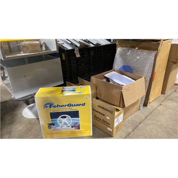 SHELF LOT OF ITEMS; WIDE MOUTH POOL SKIMMER AND ACCESSORIES, VACUUM HOSE REEL, SPA PANEL KIT, SIGNS