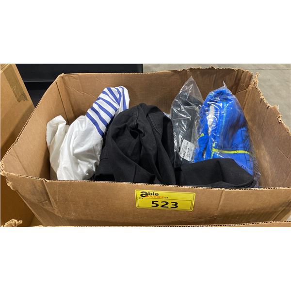 BOX OF ASSORTED RETAIL CLOTHING, JEANS, TSHIRTS, & JACKETS