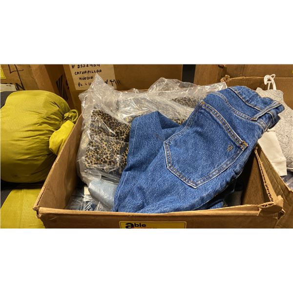 BOX OF ASSORTED RETAIL CLOTHING, JEANS, & LEOPARD JACKETS
