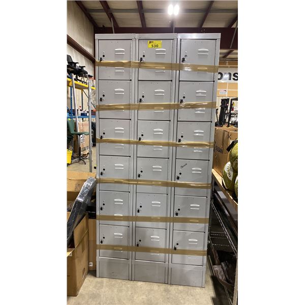 GREY METAL 3 BAY 18 DOOR COMMERCIAL LOCKER SYSTEM