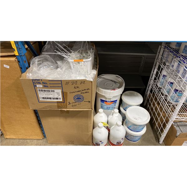 9 BOTTLES/BUCKETS OF ASSORTED CHEMICALS AND 2 BOXES OF 16OZ/500ML SPRAY BOTTLES AND NOZZLES