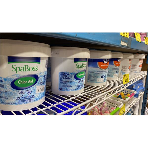 SHELF OF 18 BUCKETS OF SPA/POOL CHEMICALS