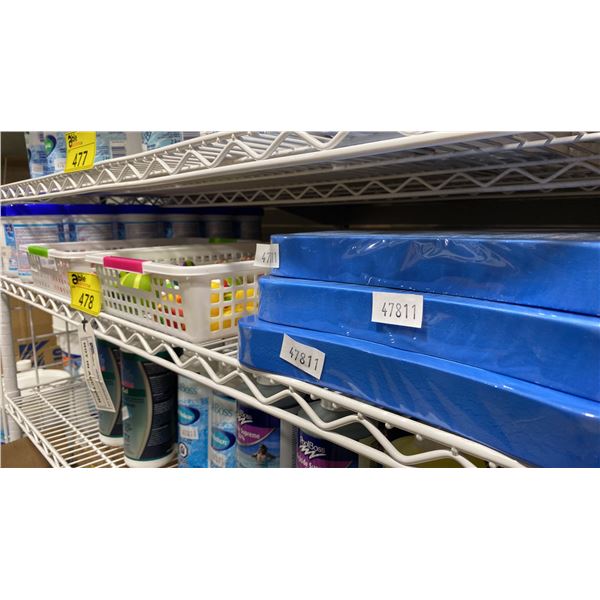 SHELF OF 12-0.6KG POOL BLOCKS, 2 TRAYS OF RUBBER TOY FLOATS AND 3 SWIMLINE KICKBOARD SWIM TRAINERS