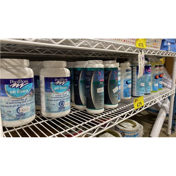 SHELF OF 54 ASSORTED SPA/POOL CHEMICALS